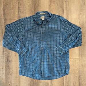 L.L.Bean Mens Wrinkle Free Button Down Shirt Blue Plaid Long Sleeve 100% Cotton